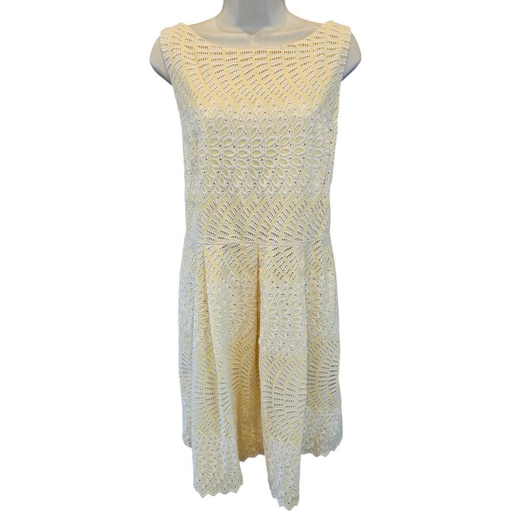 Katherine Kelly yellow lace white sheath dress lined size 14 EUC business casual